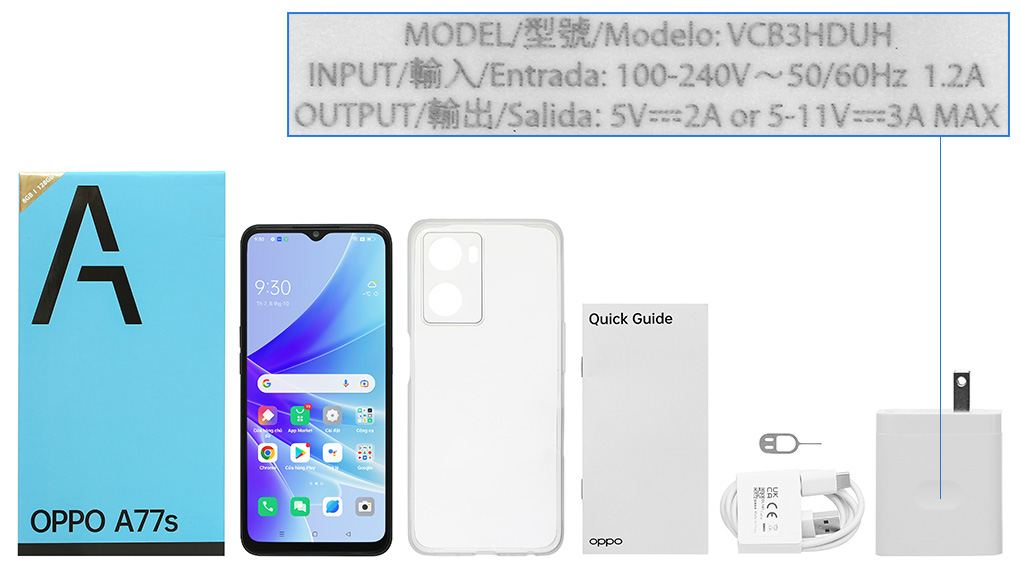 Bộ sản phẩm gồm: Hộp, Sách hướng dẫn, Cây lấy sim, Ốp lưng, Cáp Type C, Củ sạc nhanh rời đầu Type A