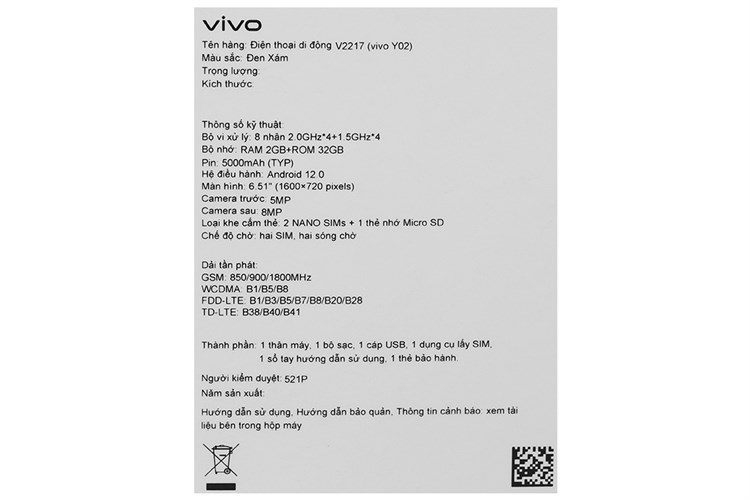 Điện thoại vivo Y02 Màu Đen