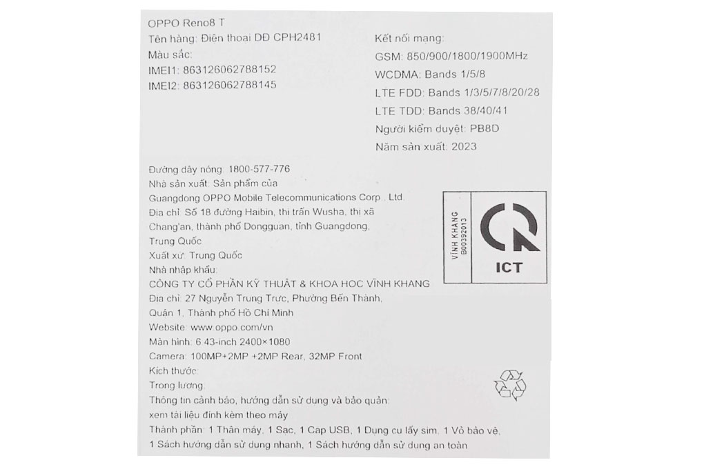 Điện thoại OPPO Reno8 T 8GB/256GB Màu Đen