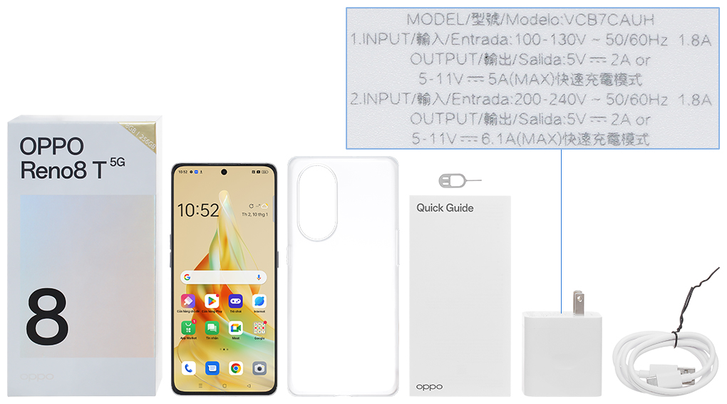 Bộ sản phẩm gồm: Hộp, Sách hướng dẫn, Cây lấy sim, Ốp lưng, Cáp Type C, Củ sạc nhanh rời đầu Type A