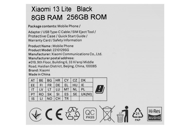 Điện thoại Xiaomi 13 Lite 5G Màu Đen