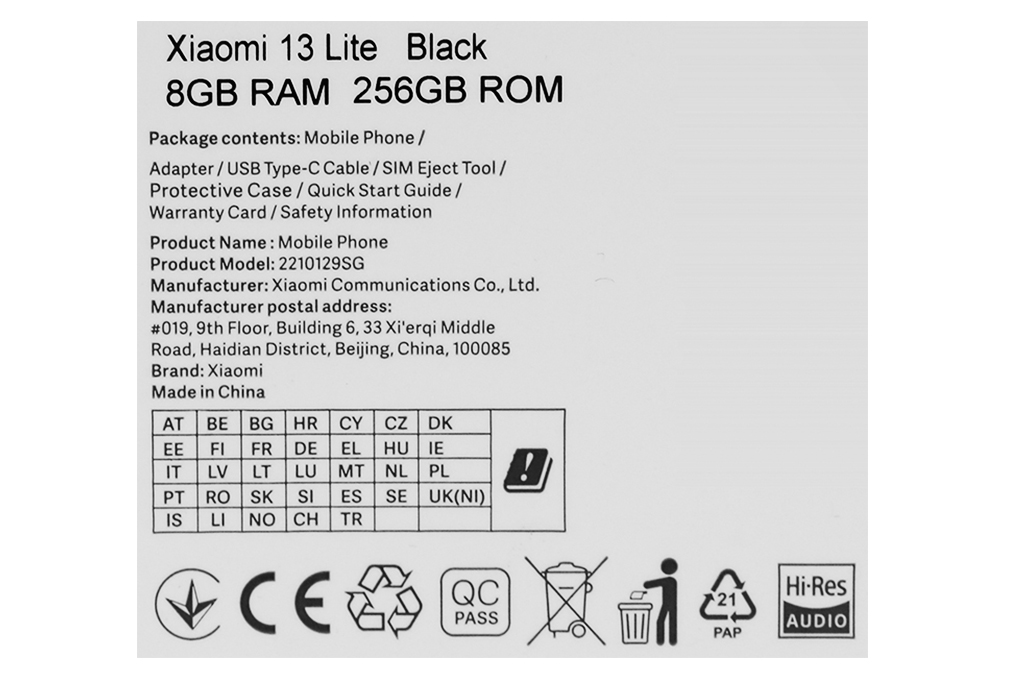Điện thoại Xiaomi 13 Lite 5G Màu Đen