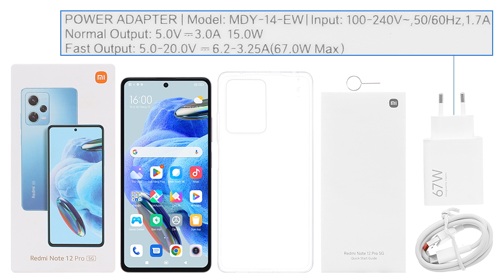 Bộ sản phẩm gồm: Hộp, Sách hướng dẫn, Cây lấy sim, Ốp lưng, Cáp Type C, Củ sạc nhanh rời đầu Type A