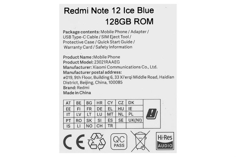 Điện thoại Xiaomi Redmi Note 12 (8GB/128GB) Màu Xanh Dương