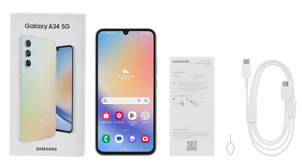 Bộ sản phẩm gồm: Hộp, Sách hướng dẫn, Cây lấy sim, Cáp Type C