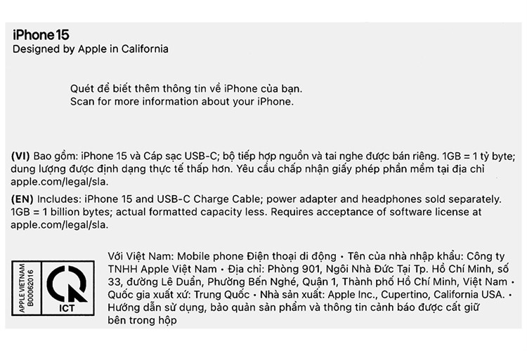 Điện thoại iPhone 15 256GB Màu Đen