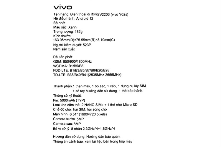 Điện thoại vivo Y02s 64GB Màu Xanh