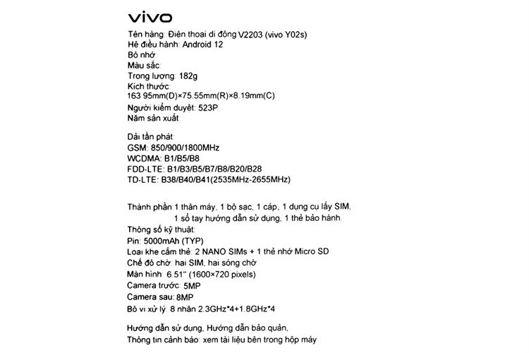 Điện thoại vivo Y02s 64GB Màu Đen