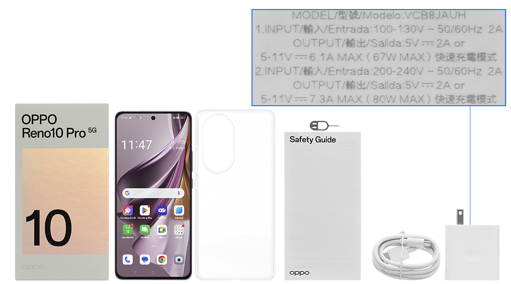 Bộ sản phẩm gồm: Hộp, Sách hướng dẫn, Cây lấy sim, Ốp lưng, Cáp Type C, Củ sạc nhanh rời đầu Type A