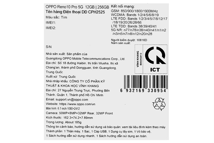 Điện thoại OPPO Reno10 Pro 5G 12GB/256GB Màu Tím