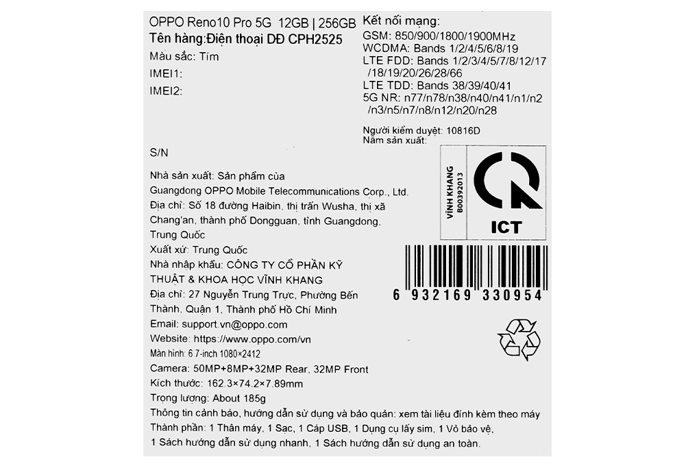 Điện thoại OPPO Reno10 Pro 5G 12GB/256GB Màu Tím
