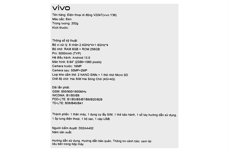 Điện thoại vivo Y36 8GB/256GB Màu Đen