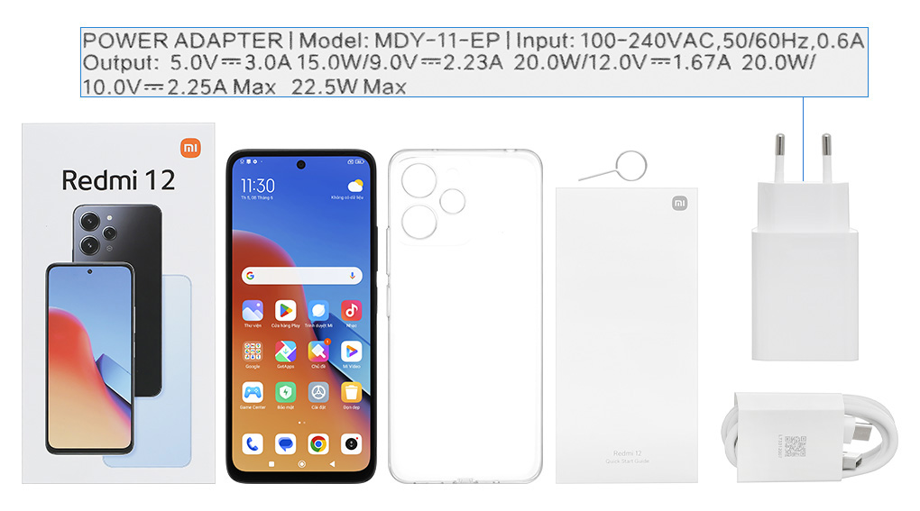 Bộ sản phẩm gồm: Hộp, Sách hướng dẫn, Cây lấy sim, Ốp lưng, Cáp Type C, Củ sạc nhanh rời đầu Type A