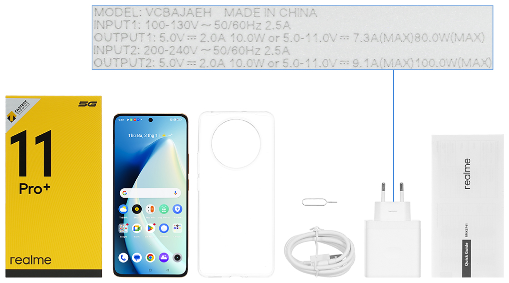 Bộ sản phẩm gồm: Hộp, Sách hướng dẫn, Cây lấy sim, Ốp lưng, Cáp Type C, Củ sạc nhanh rời đầu Type A