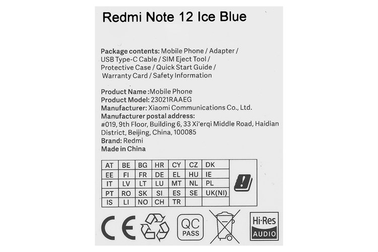Điện thoại Xiaomi Redmi Note 12 (8GB/256GB) Màu Xanh Dương