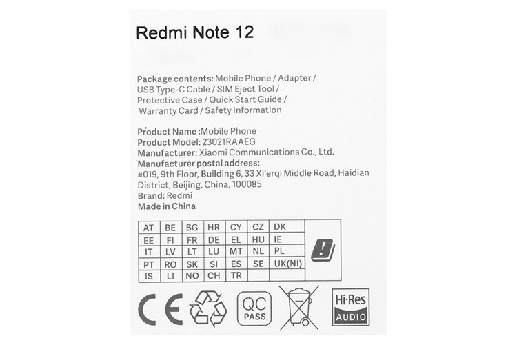 Điện thoại Xiaomi Redmi Note 12 (8GB/256GB) Màu Xám