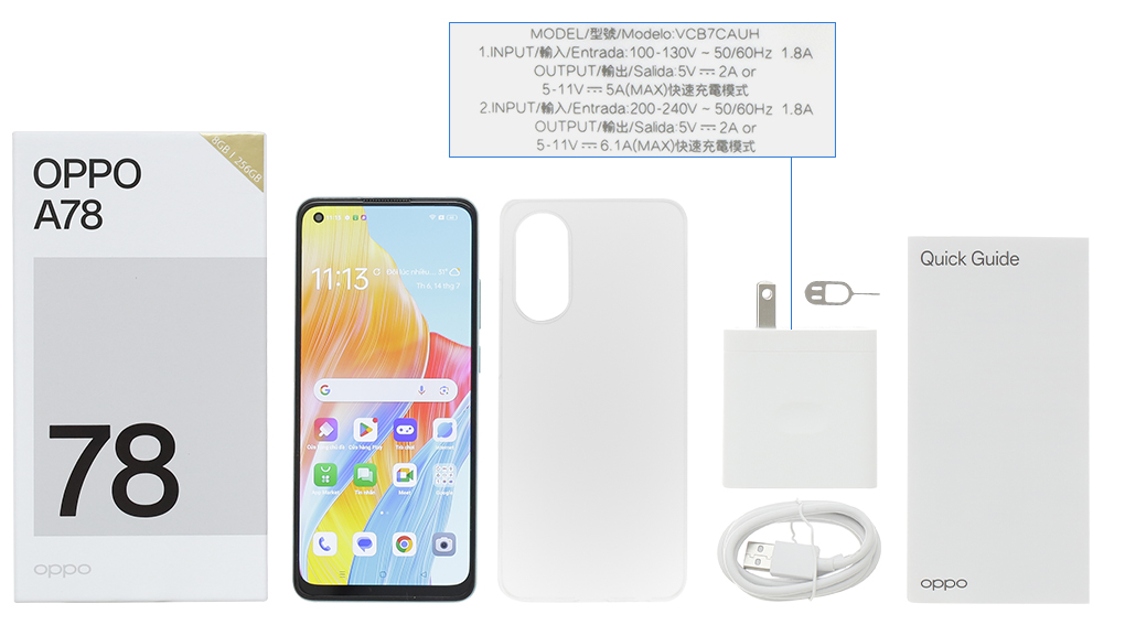 Bộ sản phẩm gồm: Hộp, Sách hướng dẫn, Cây lấy sim, Ốp lưng, Cáp Type C, Củ sạc nhanh rời đầu Type A