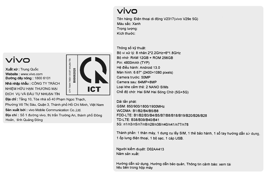 Điện thoại vivo V29e 5G 12GB/256GB Màu Xanh dương nhạt