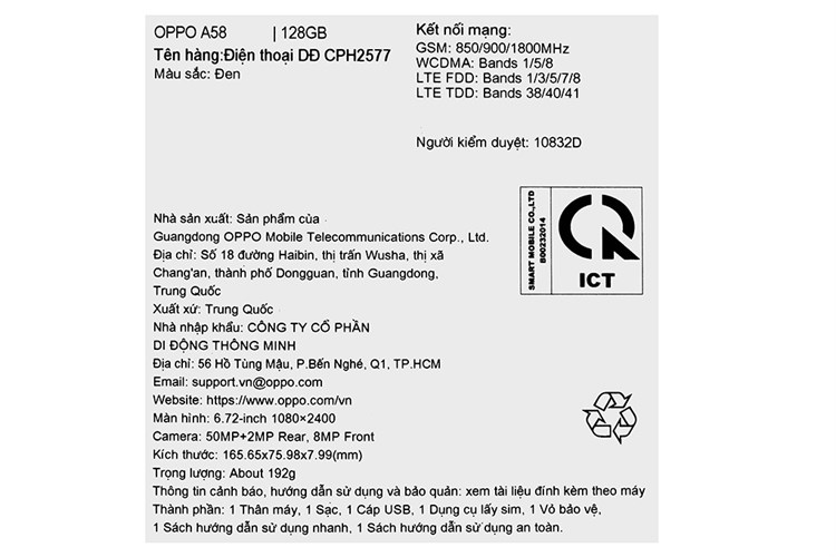 Điện thoại OPPO A58 8GB/128GB Màu Đen