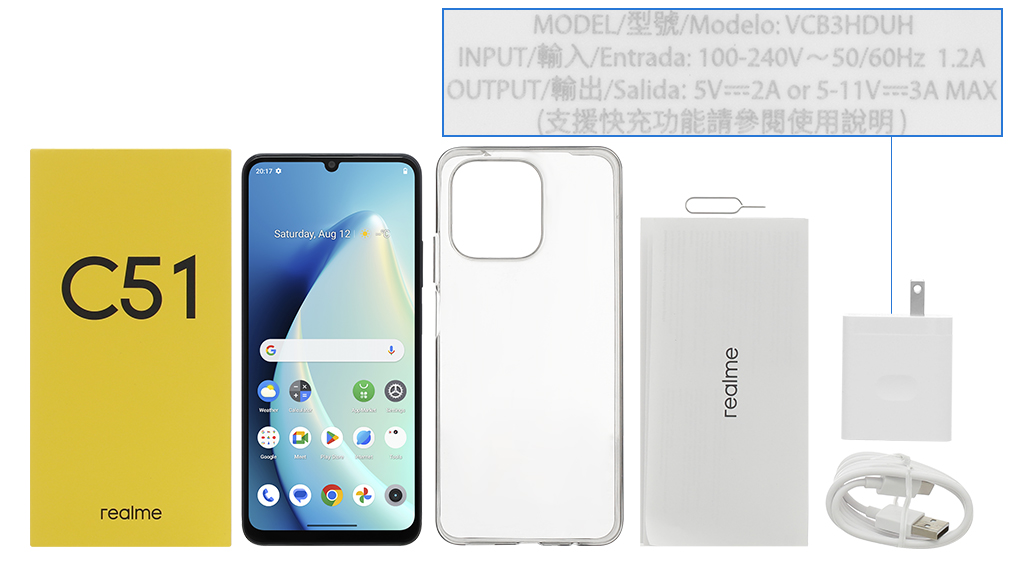 Bộ sản phẩm gồm: Hộp, Sách hướng dẫn, Cây lấy sim, Ốp lưng, Cáp Type C, Củ sạc nhanh rời đầu Type A