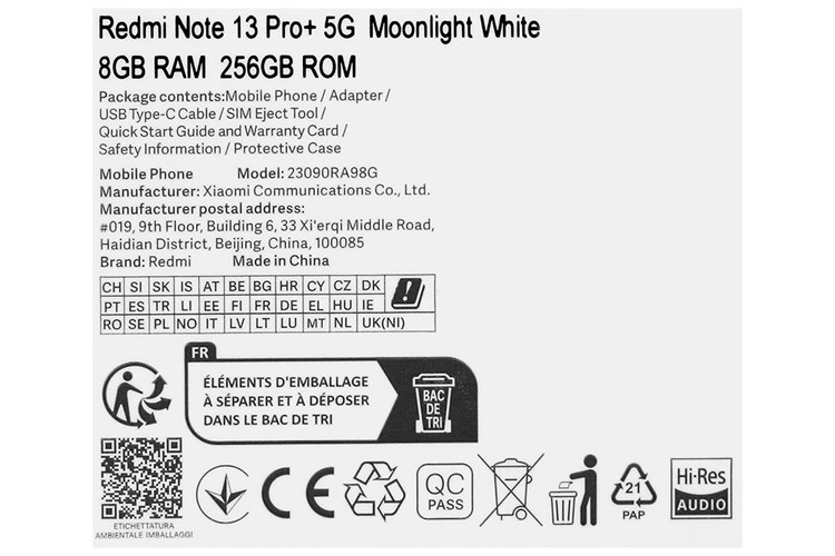 Điện thoại Xiaomi Redmi Note 13 Pro+ 5G 8GB/256GB Màu Trắng