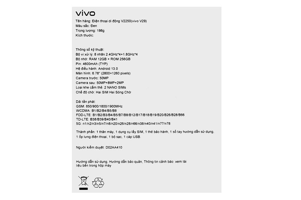 Điện thoại vivo V29 5G Màu Đen