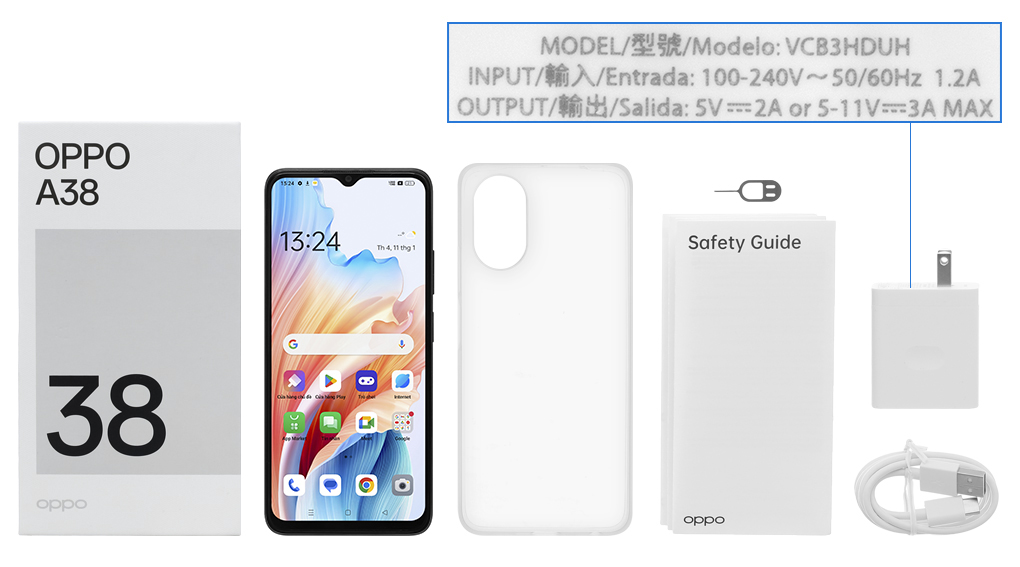 Bộ sản phẩm gồm: Hộp, Sách hướng dẫn, Cây lấy sim, Ốp lưng, Cáp Type C, Củ sạc nhanh rời đầu Type A