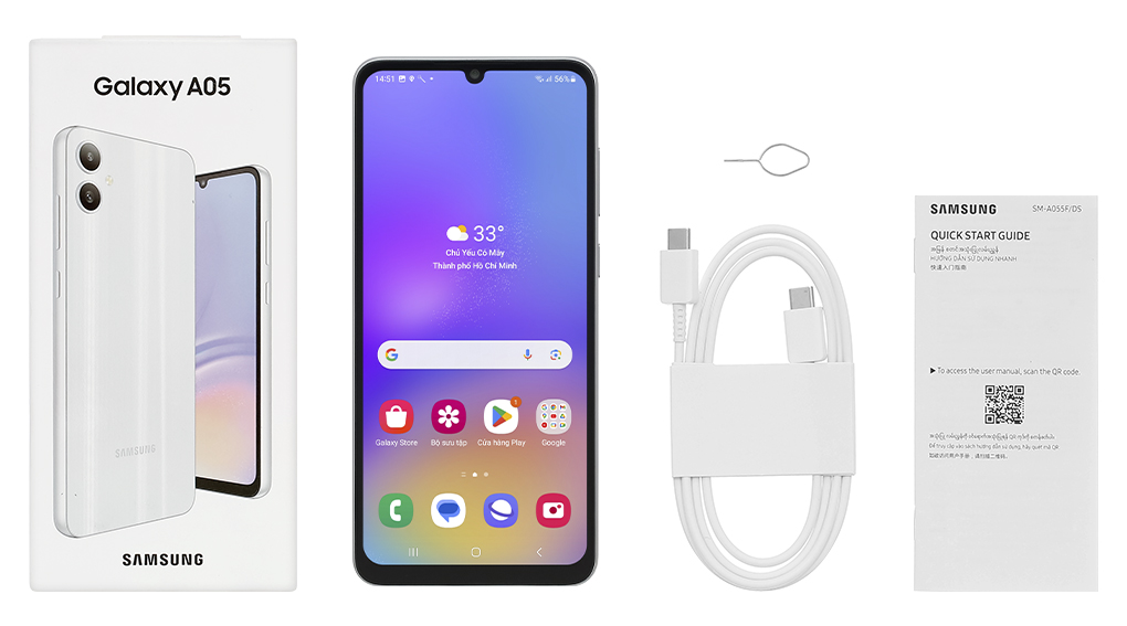 Bộ sản phẩm gồm: Hộp, Sách hướng dẫn, Cây lấy sim, Cáp Type C