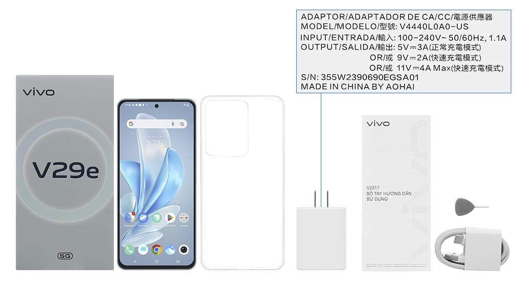 Bộ sản phẩm gồm: Hộp, Sách hướng dẫn, Cây lấy sim, Ốp lưng, Cáp Type C, Củ sạc nhanh rời đầu Type A