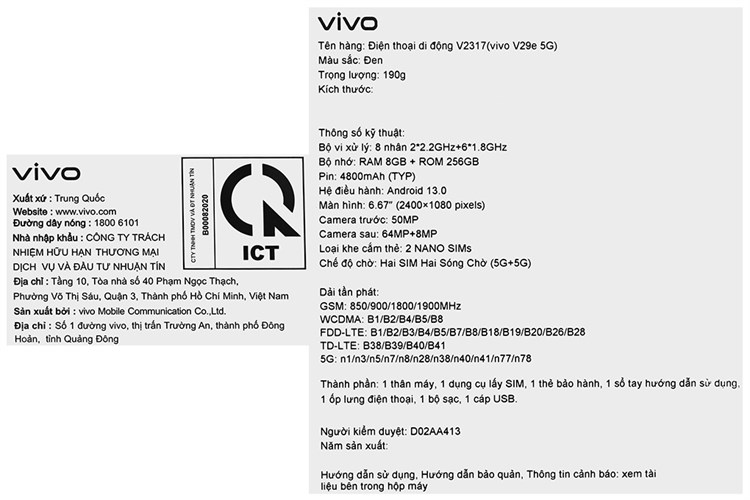 Điện thoại vivo V29e 5G 8GB Màu Đen