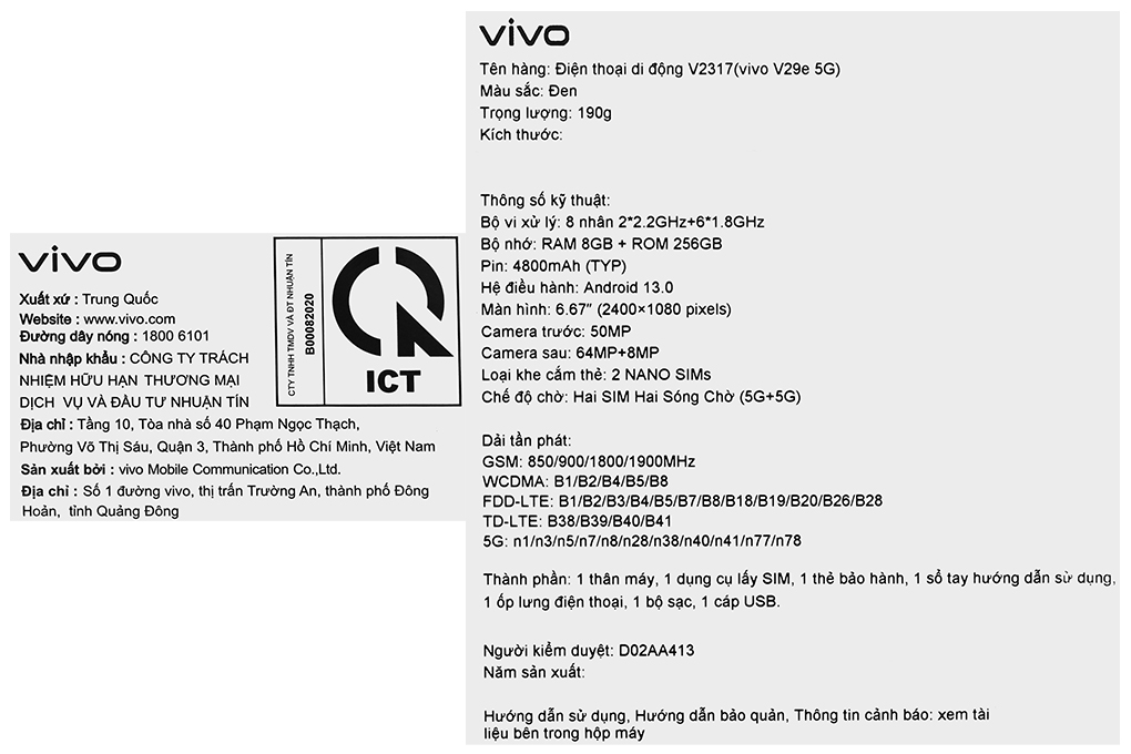 Điện thoại vivo V29e 5G 8GB Màu Đen