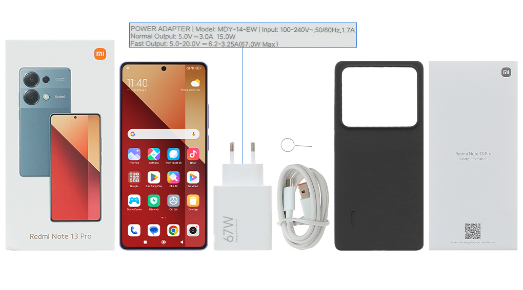 Bộ sản phẩm gồm: Hộp, Sách hướng dẫn, Cây lấy sim, Ốp lưng, Cáp Type C, Củ sạc nhanh rời đầu Type A