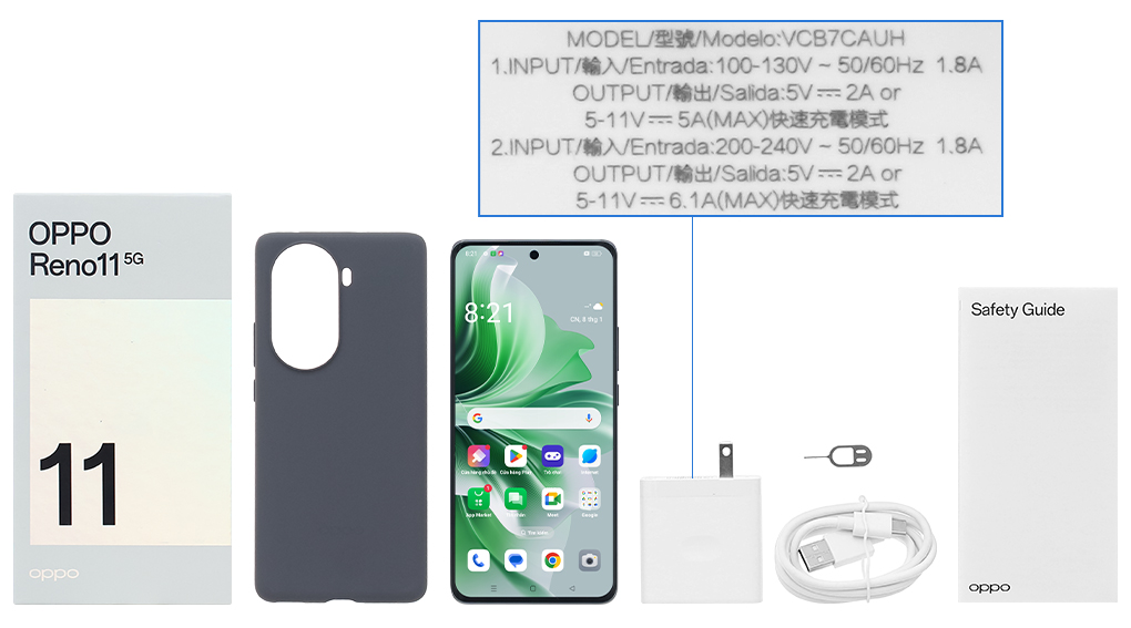 Bộ sản phẩm gồm: Hộp, Sách hướng dẫn, Cây lấy sim, Ốp lưng, Cáp Type C, Củ sạc nhanh rời đầu Type A