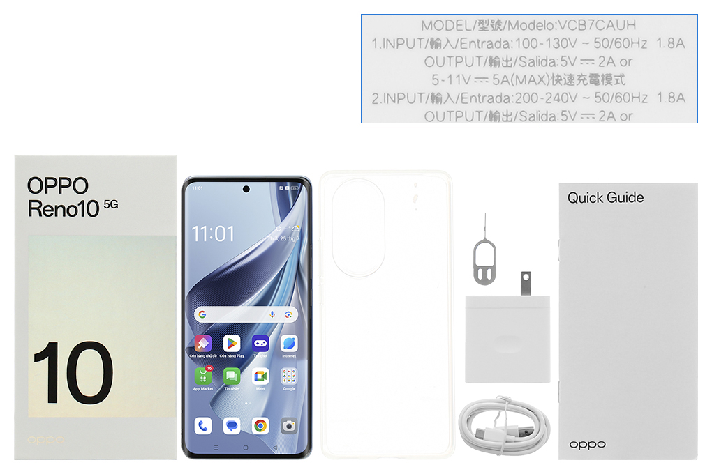 Bộ sản phẩm gồm: Hộp, Sách hướng dẫn, Cây lấy sim, Ốp lưng, Cáp Type C, Củ sạc nhanh rời đầu Type A