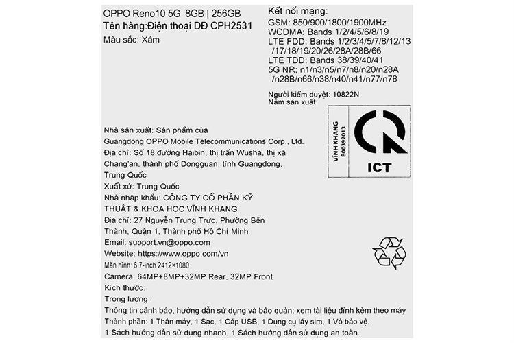 Điện thoại OPPO Reno10 5G 8GB/256GB Màu Xám