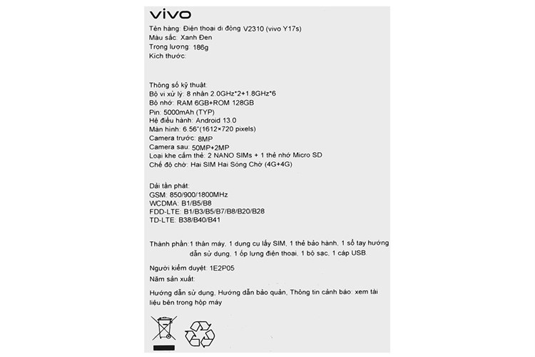 Điện thoại vivo Y17s 6GB/128GB Màu Xanh đen