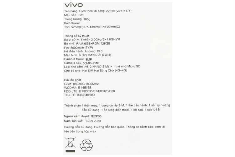 Điện thoại vivo Y17s 6GB/128GB Màu Tím