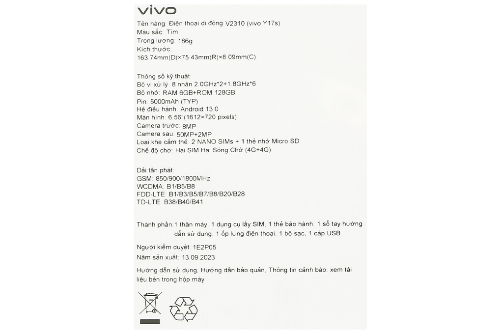 Điện thoại vivo Y17s 6GB/128GB Màu Tím