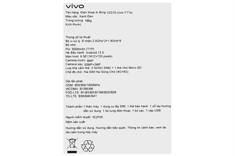 Điện thoại vivo Y17s 4GB/128GB Màu Xanh đen