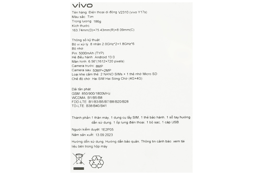 Điện thoại vivo Y17s 4GB/128GB Màu Tím