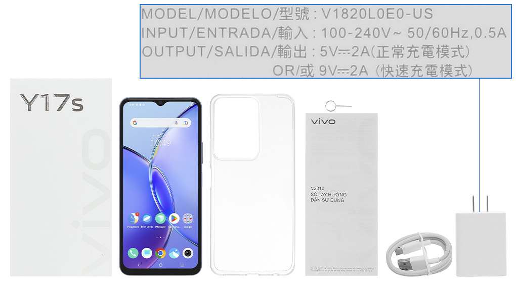 Bộ sản phẩm gồm: Hộp, Sách hướng dẫn, Cây lấy sim, Ốp lưng, Cáp Type C, Củ sạc rời đầu Type A