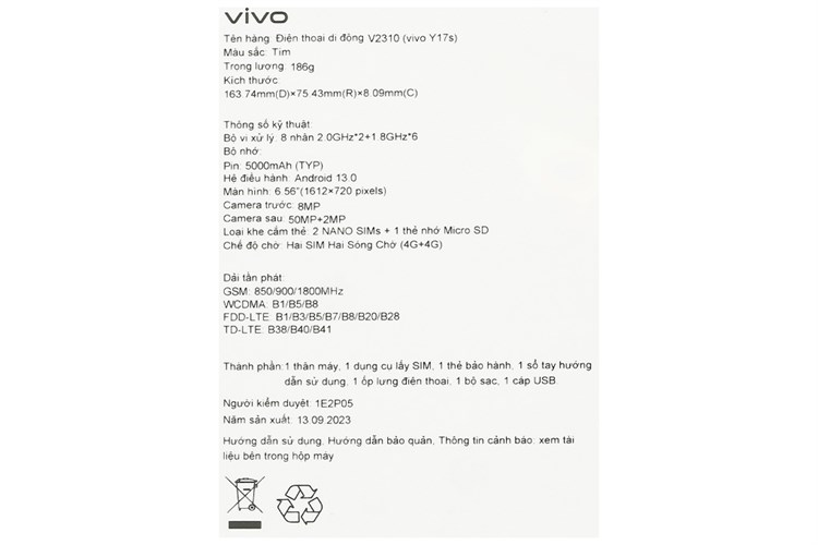 Điện thoại vivo Y17s 4GB/64GB Màu Tím