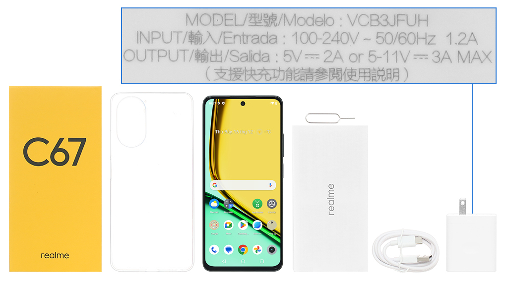 Bộ sản phẩm gồm: Hộp, Sách hướng dẫn, Cây lấy sim, Ốp lưng, Cáp Type C, Củ sạc nhanh rời đầu Type A