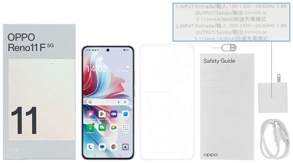Bộ sản phẩm gồm: Hộp, Sách hướng dẫn, Cây lấy sim, Ốp lưng, Cáp Type C, Củ sạc nhanh rời đầu Type A