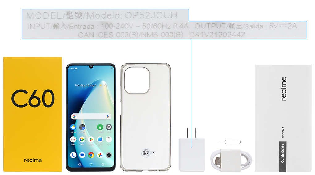 Bộ sản phẩm gồm: Hộp, Sách hướng dẫn, Cây lấy sim, Ốp lưng, Cáp Type C, Củ sạc rời đầu Type A