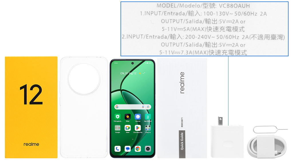 Bộ sản phẩm gồm: Cáp Type C, Củ sạc rời đầu Type A, Sách hướng dẫn, Ốp lưng, Hộp, Cây lấy sim