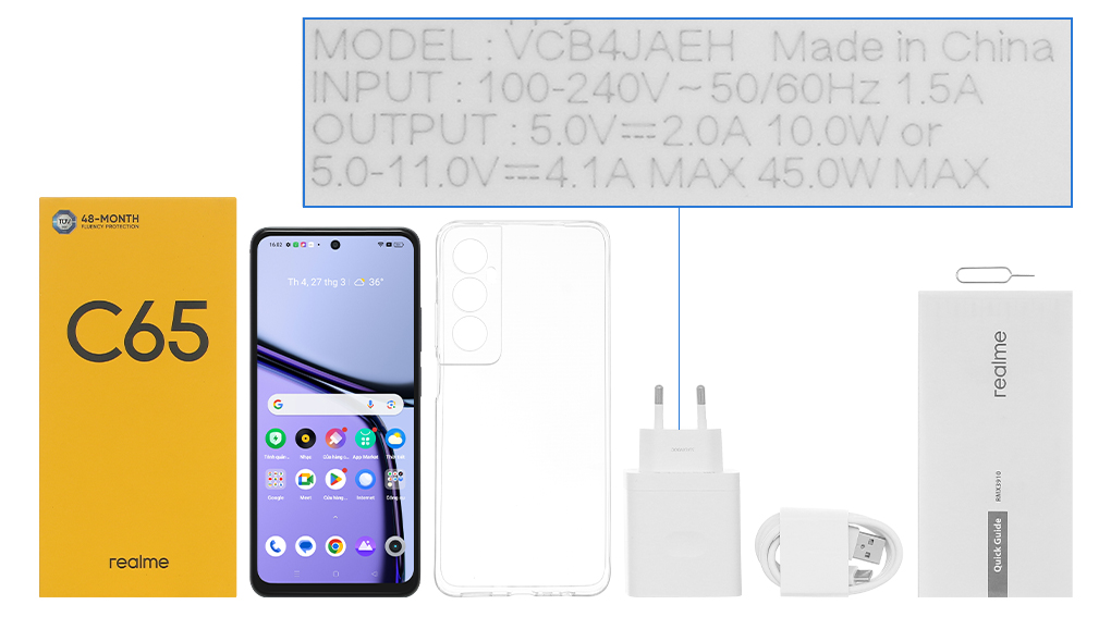 Bộ sản phẩm gồm: Hộp, Sách hướng dẫn, Cây lấy sim, Ốp lưng, Cáp Type C, Củ sạc nhanh rời đầu Type A