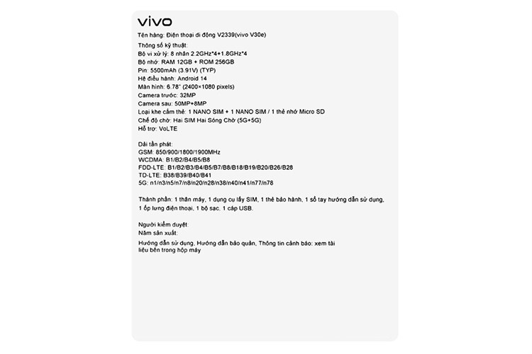 Điện thoại vivo V30e 5G 8GB/256GB Màu Trắng