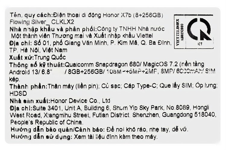 Điện thoại HONOR X7b 8GB/256GB Màu Bạc