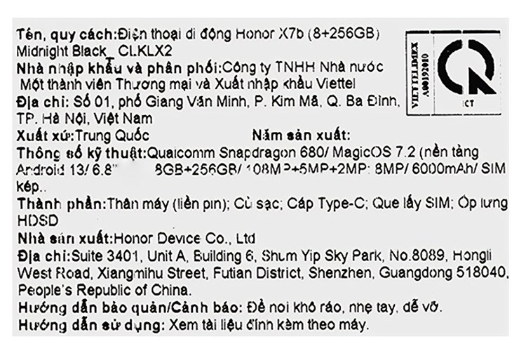 Điện thoại HONOR X7b 8GB/256GB Màu Đen